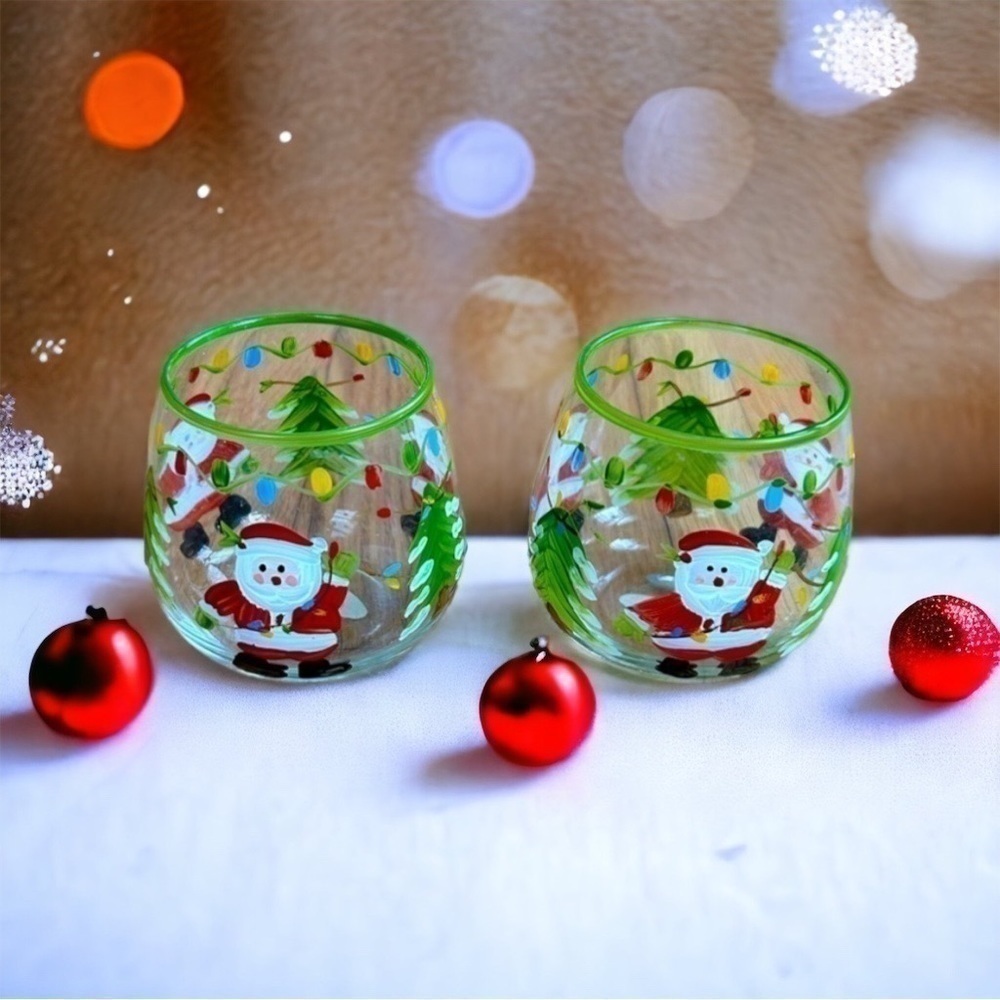 • Hand Painted Santa Claus Votive CandleHolders • (2 Piece Set)